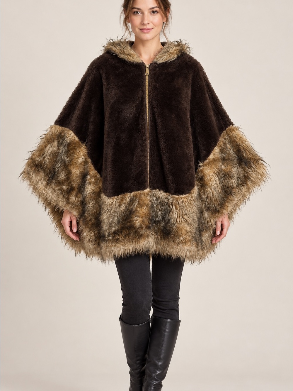 Vintage Brown Hooded Faux Fur Cape Poncho Zip Front